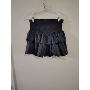 B.Original Black Faux Leather Smocked Tiered Ruffle Mini Skirt Womens Small